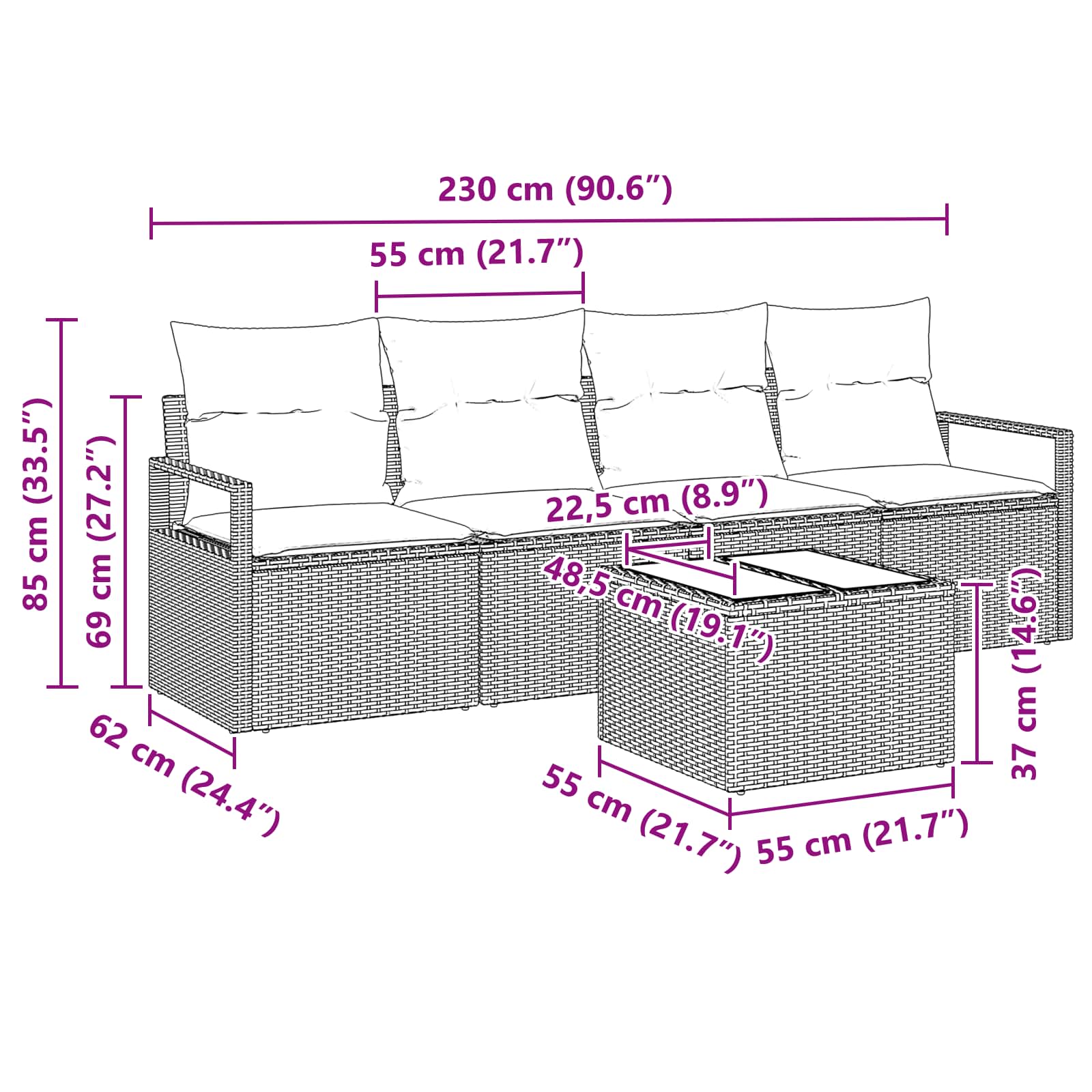 Bankstel 5 pcs Grijs en Blauw poly rattan