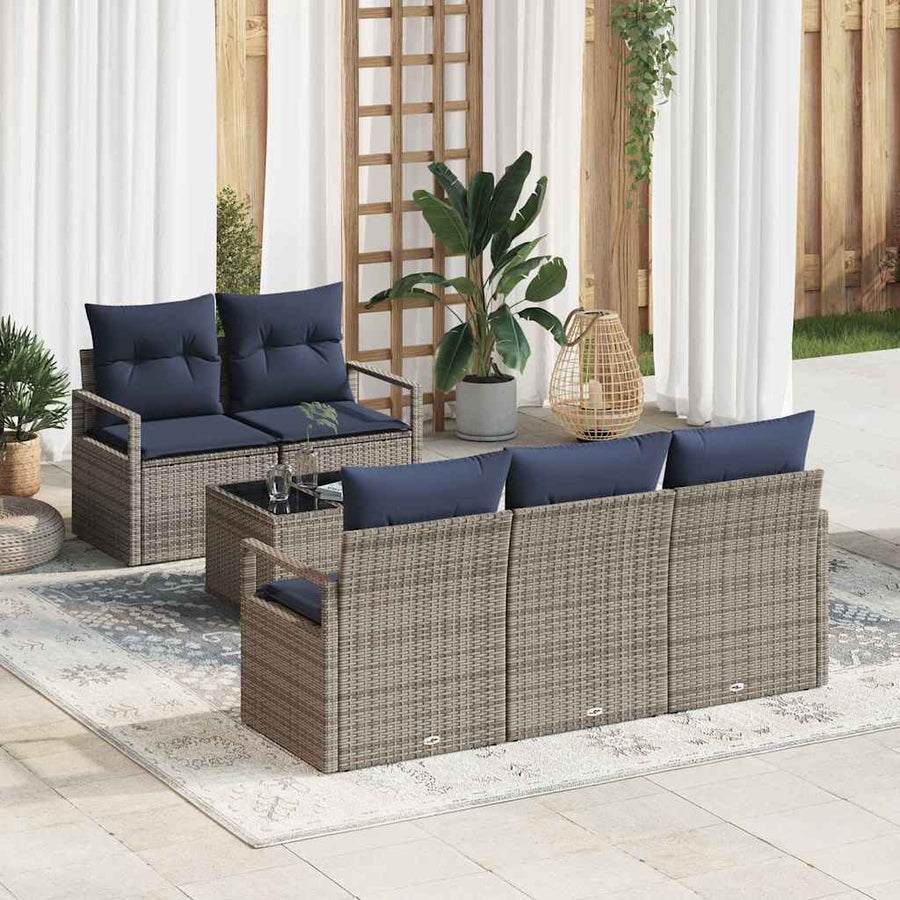 Bankstel 6 pcs Grijs en Marineblauw poly rattan