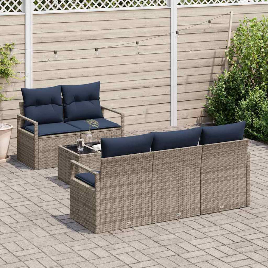 Bankstel 6 pcs Grijs en Marineblauw poly rattan