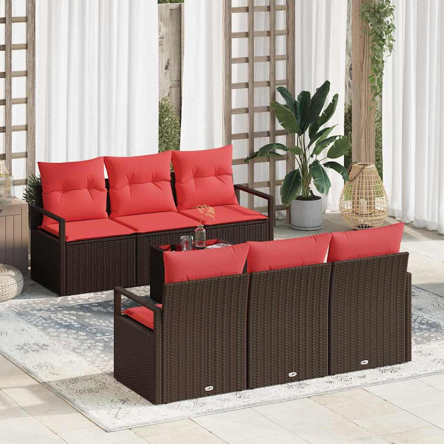 Bankstel met kussen 7 pcs Bruin en Rood poly rattan