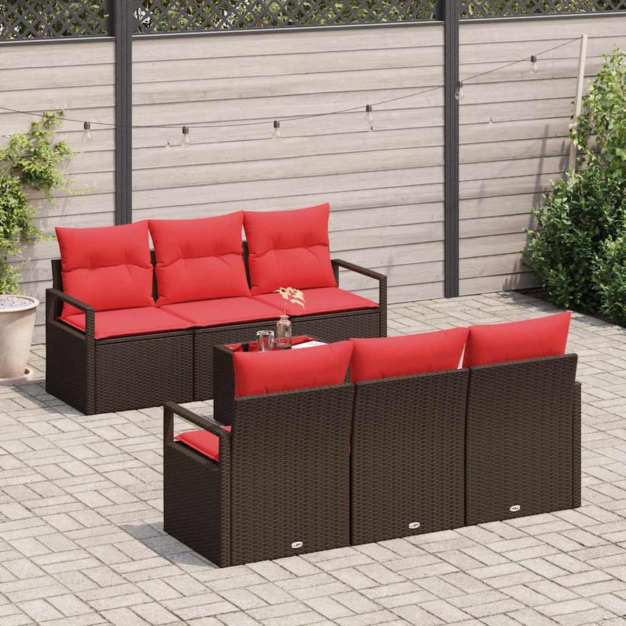 Bankstel met kussen 7 pcs Bruin en Rood poly rattan