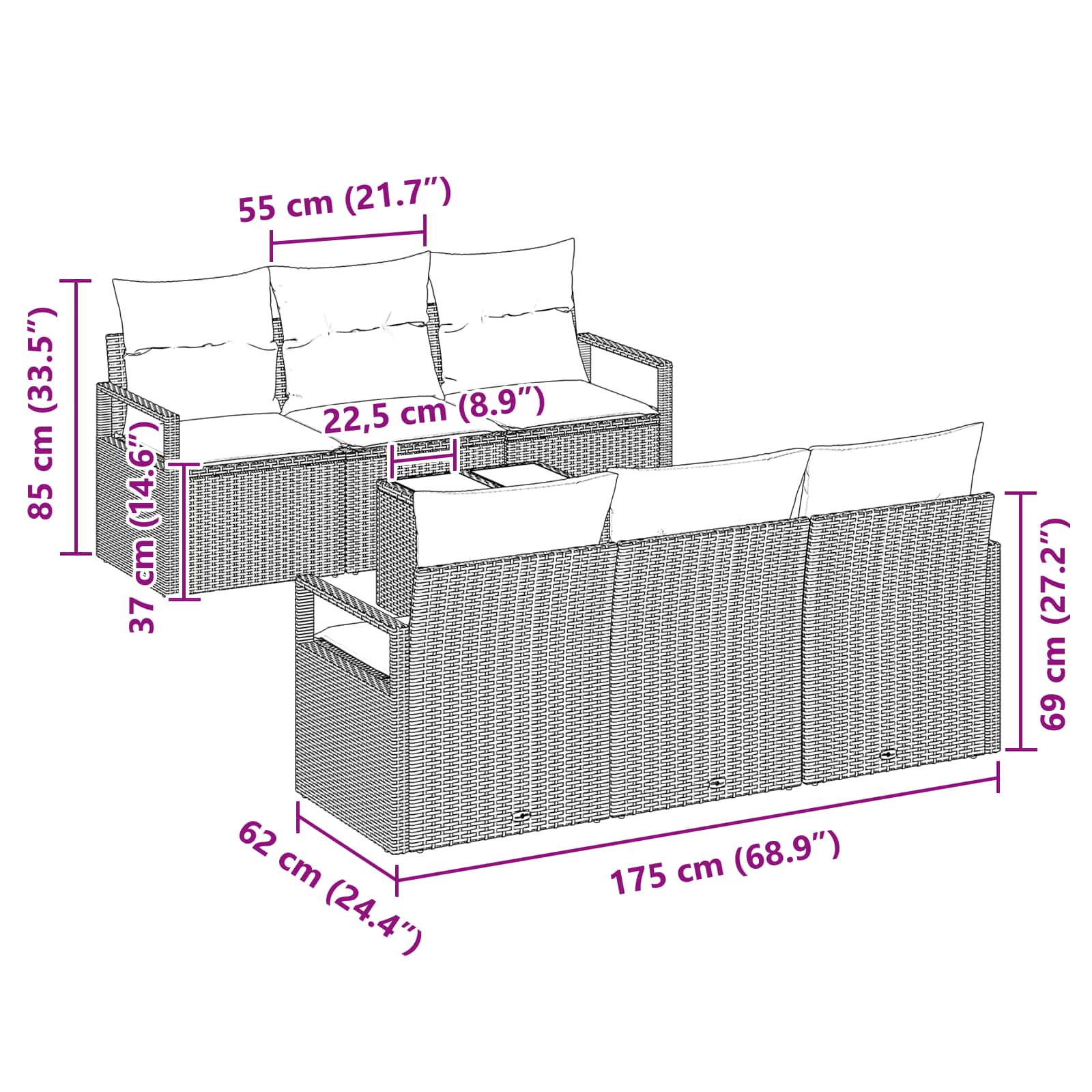 Bankstel met kussen 7 pcs Bruin en Rood poly rattan