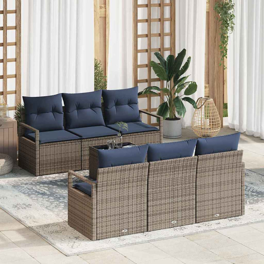 Bankstel met kussen 7 pcs Grijs en Marineblauw poly rattan