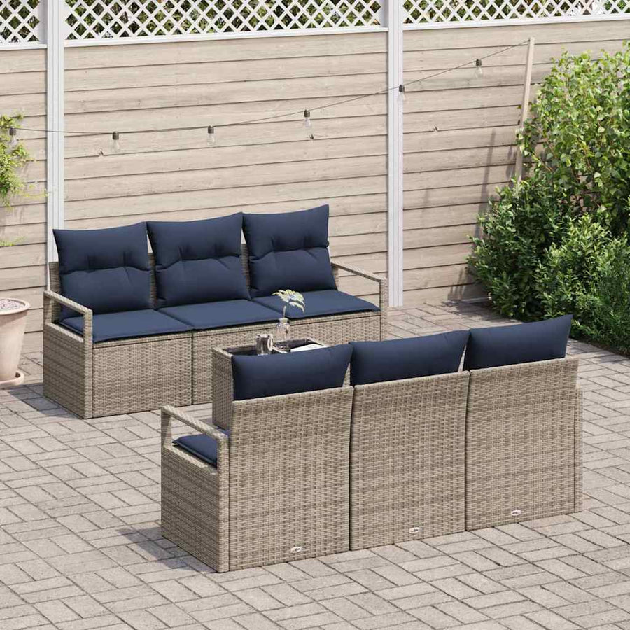 Bankstel met kussen 7 pcs Grijs en Marineblauw poly rattan