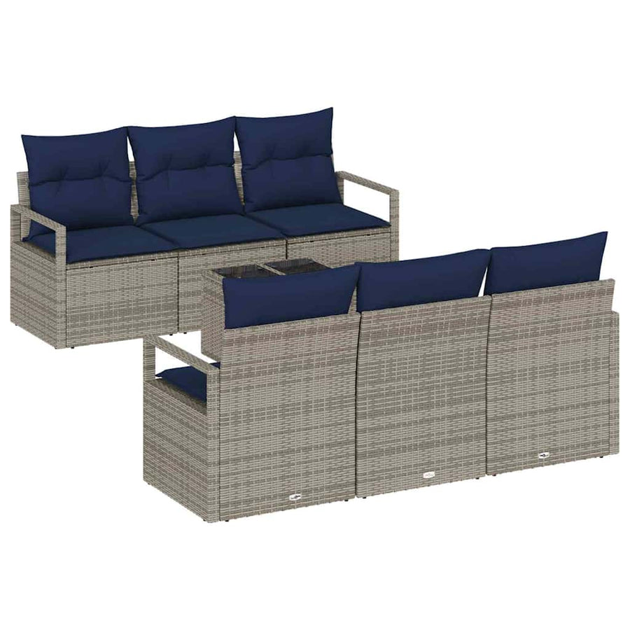 Bankstel met kussen 7 pcs Grijs en Marineblauw poly rattan