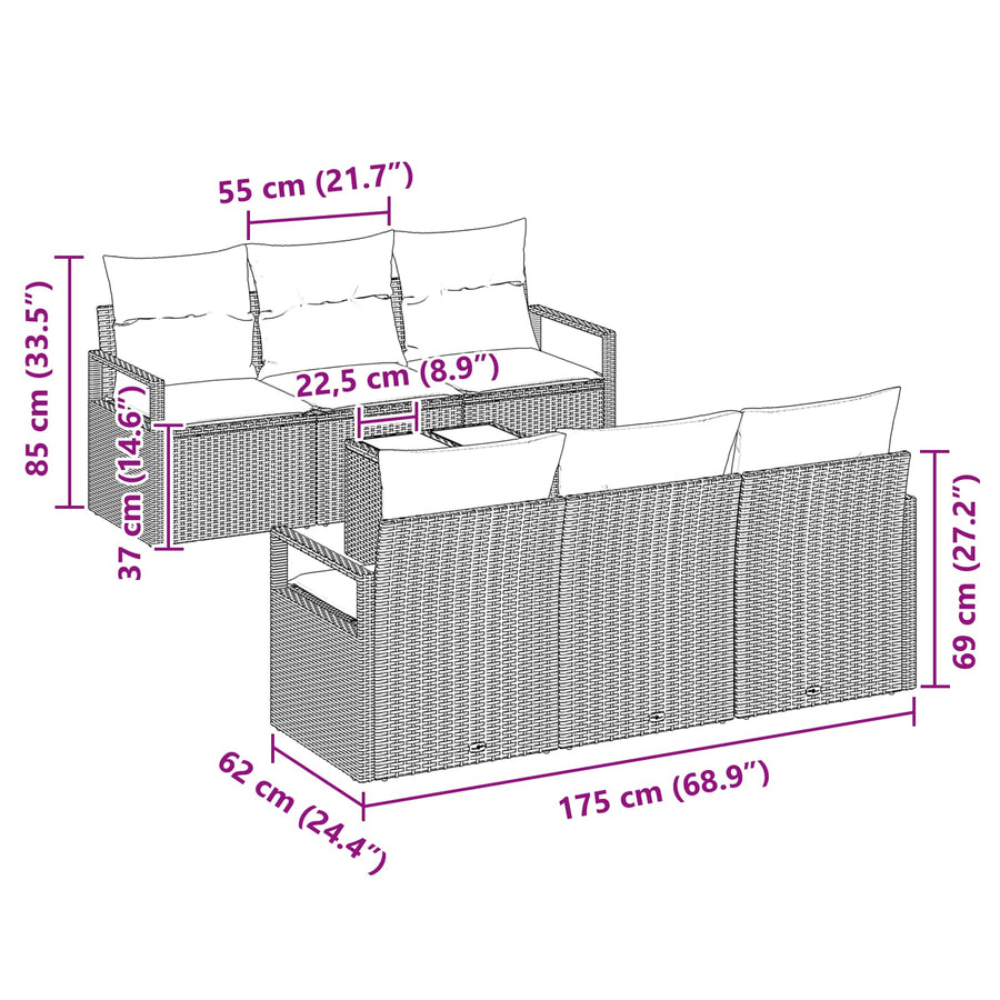 Bankstel met kussen 7 pcs Grijs en Marineblauw poly rattan