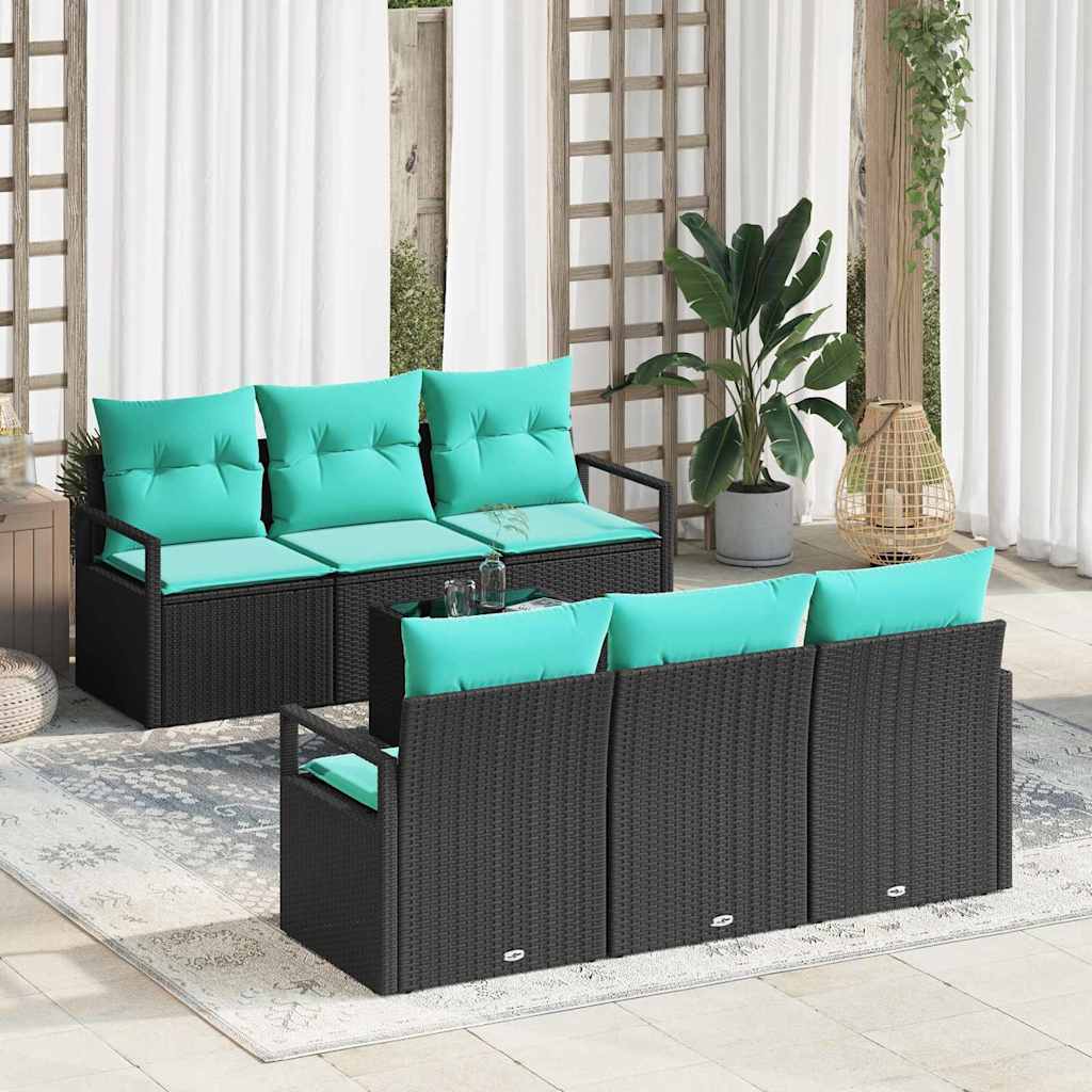 Bankstel met kussen 7 pcs Zwart en Turquoise poly rattan
