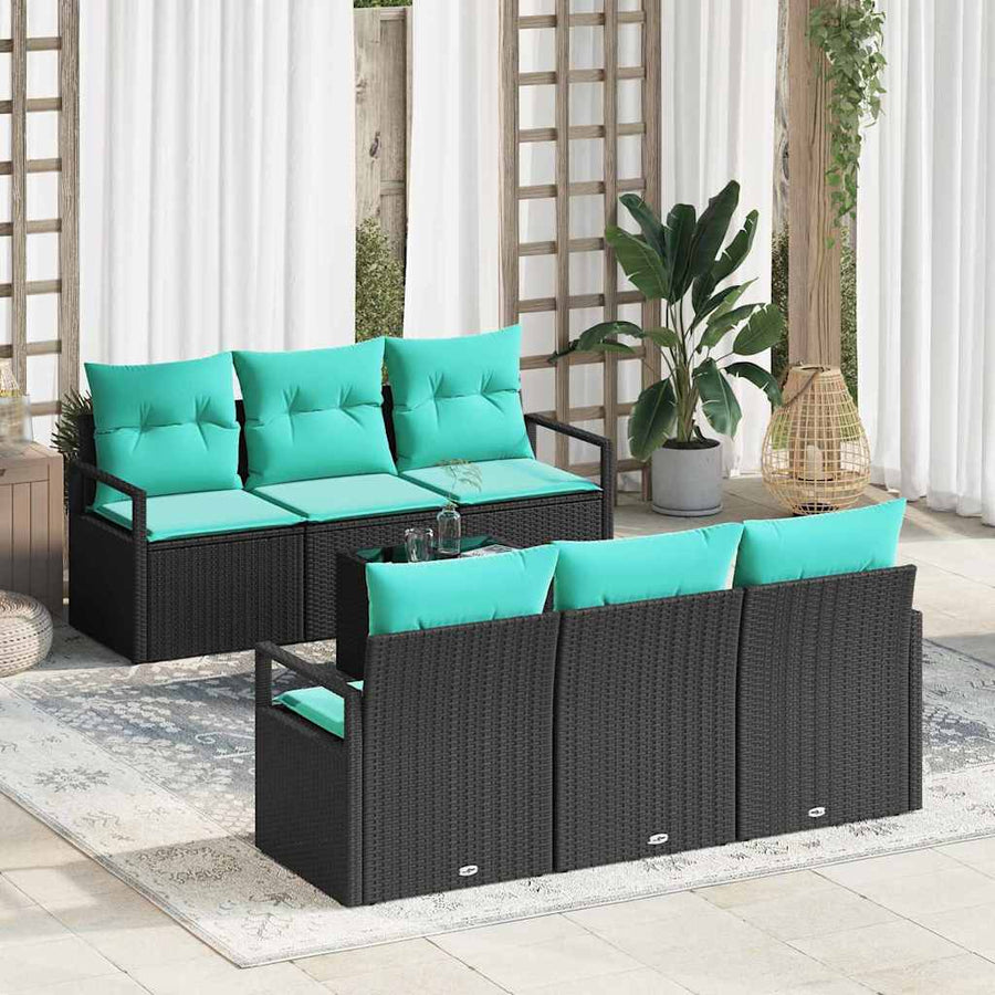 Bankstel met kussen 7 pcs Zwart en Turquoise poly rattan