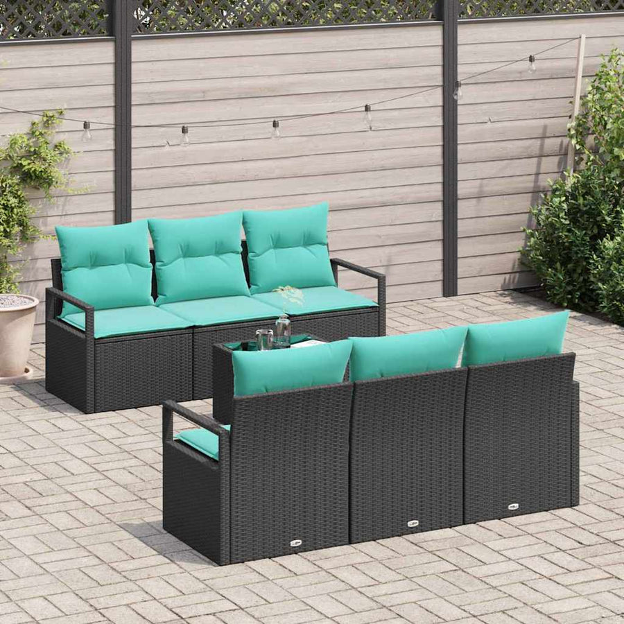 Bankstel met kussen 7 pcs Zwart en Turquoise poly rattan