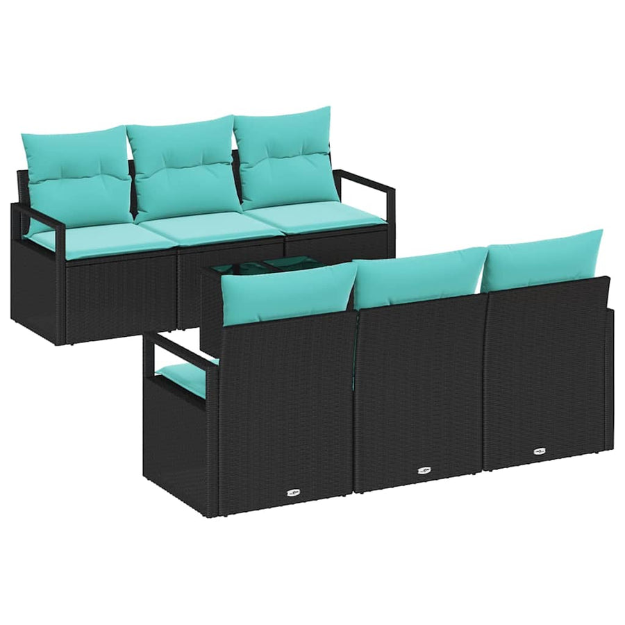 Bankstel met kussen 7 pcs Zwart en Turquoise poly rattan