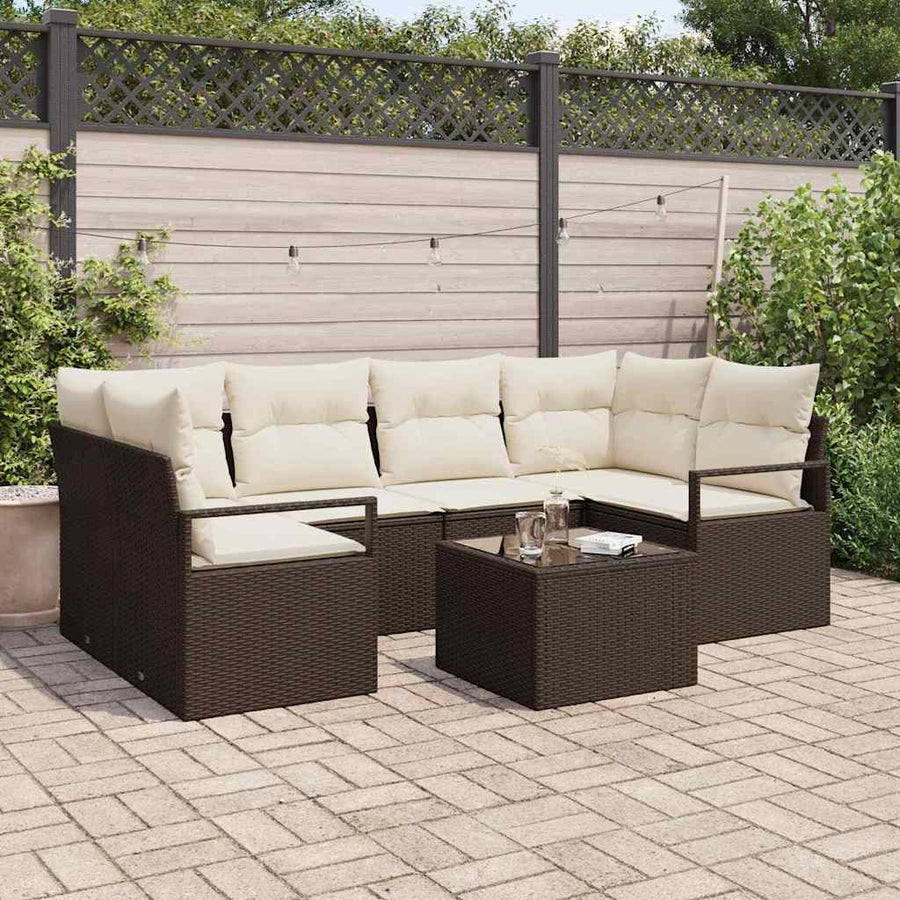 Bankstel 7 pcs Bruin en Crème poly rattan
