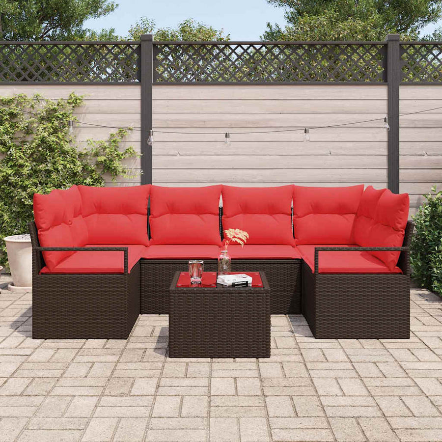 Bankstel 7 pcs Bruin en Rood poly rattan