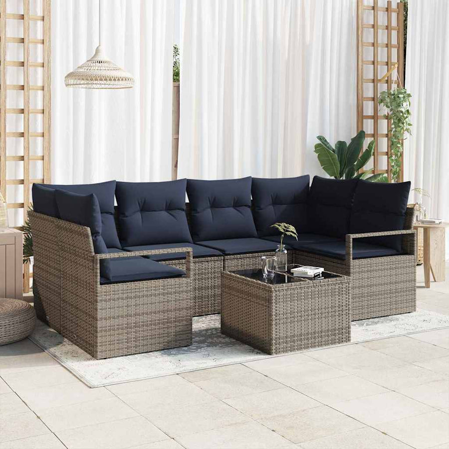 Bankstel 7 pcs Grijs en Blauw poly rattan