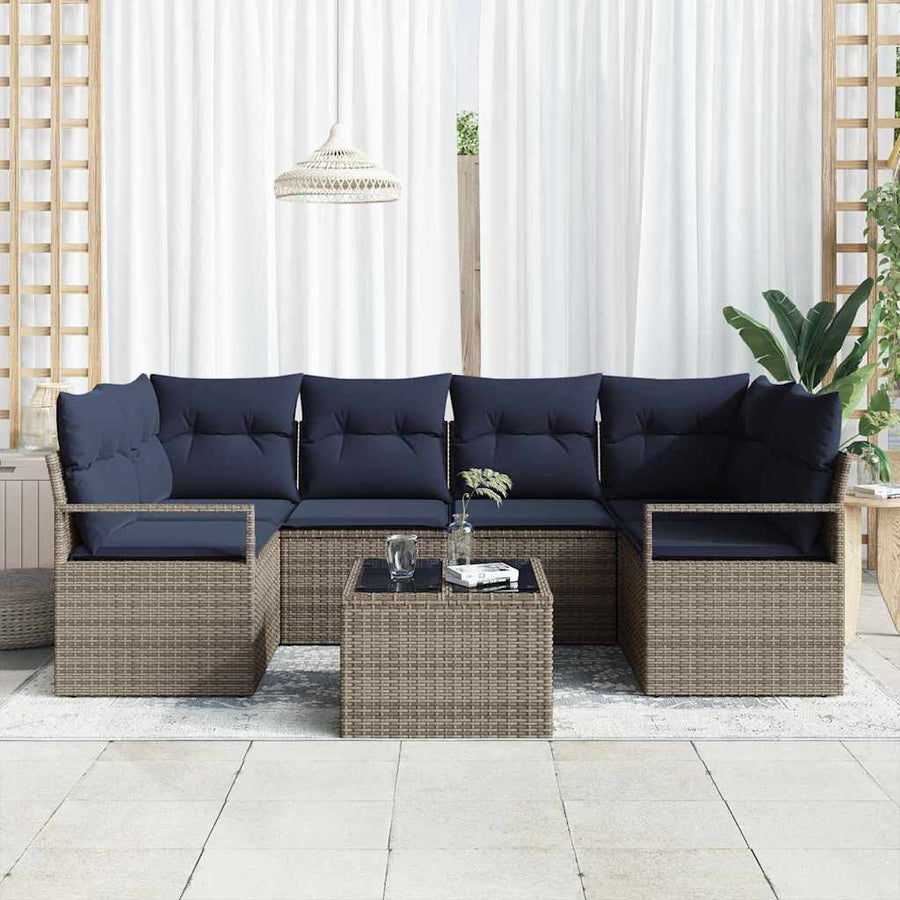 Bankstel 7 pcs Grijs en Blauw poly rattan