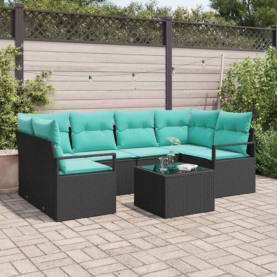 Bankstel 7 pcs Zwart en Blauw poly rattan