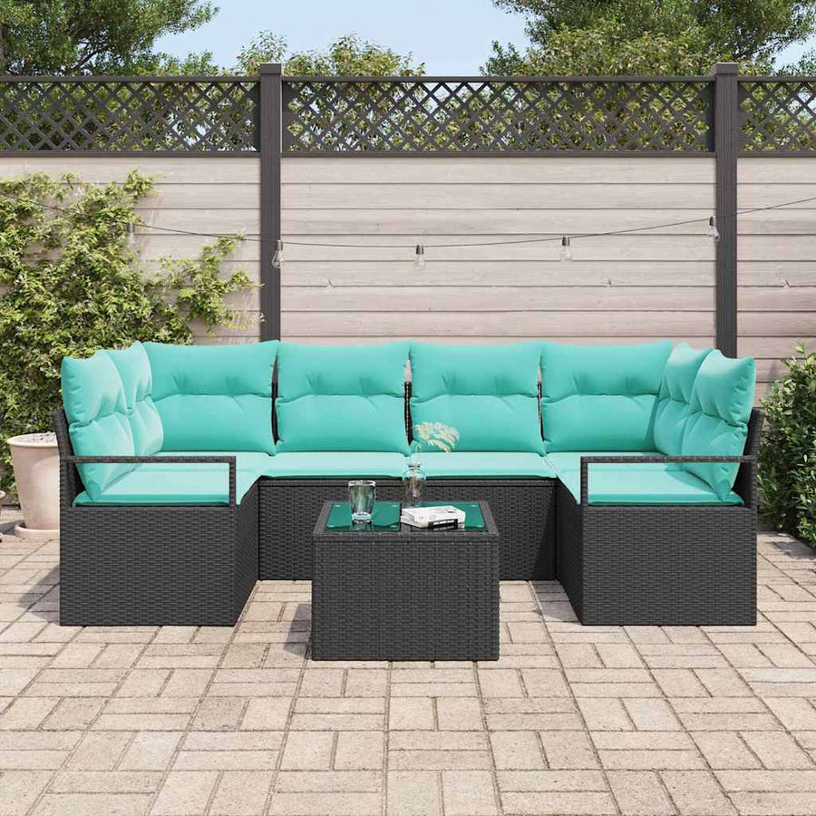 Bankstel 7 pcs Zwart en Blauw poly rattan