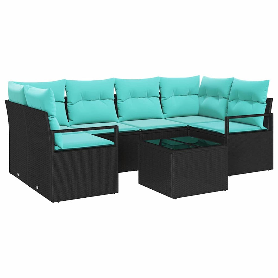 Bankstel 7 pcs Zwart en Blauw poly rattan