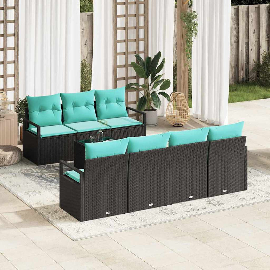 Bankstel met kussen 8 pcs Zwart en Turquoise poly rattan
