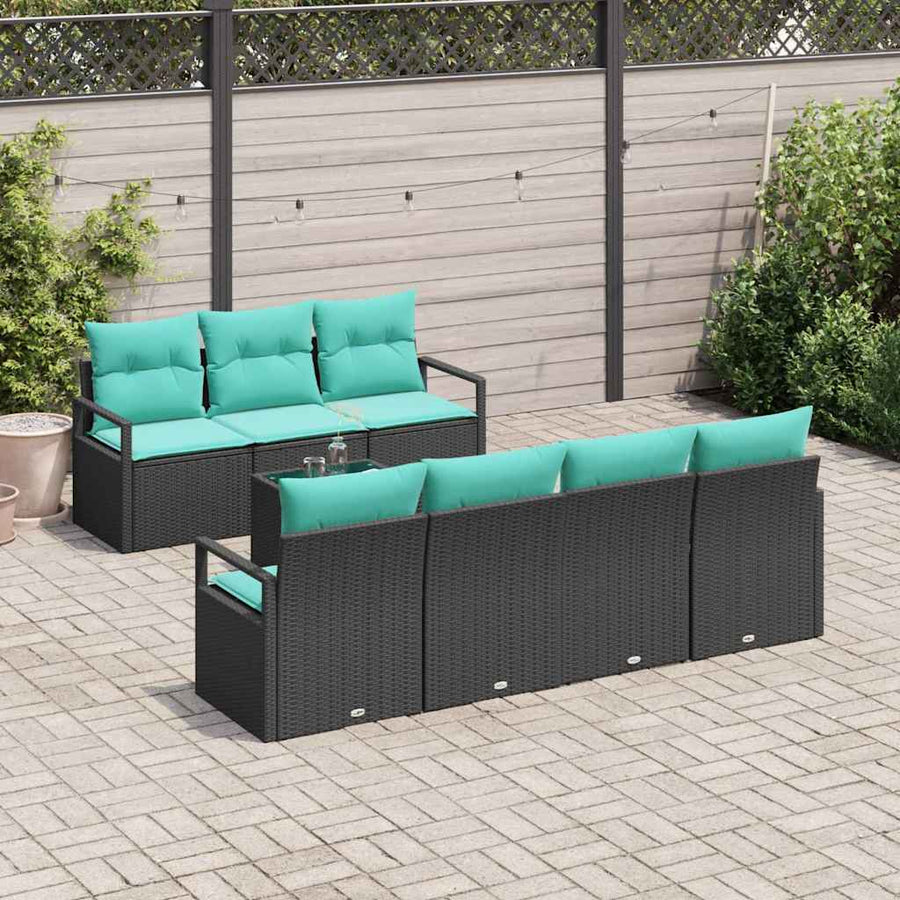 Bankstel met kussen 8 pcs Zwart en Turquoise poly rattan