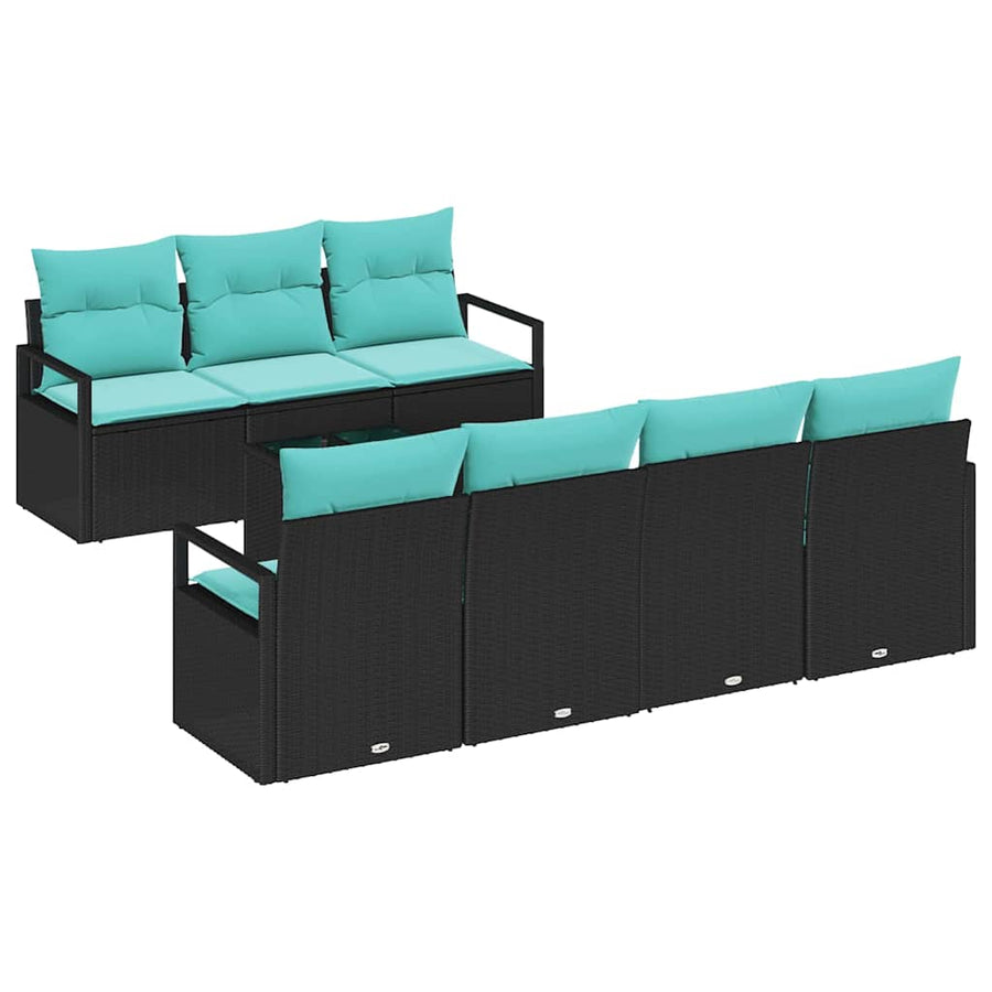 Bankstel met kussen 8 pcs Zwart en Turquoise poly rattan