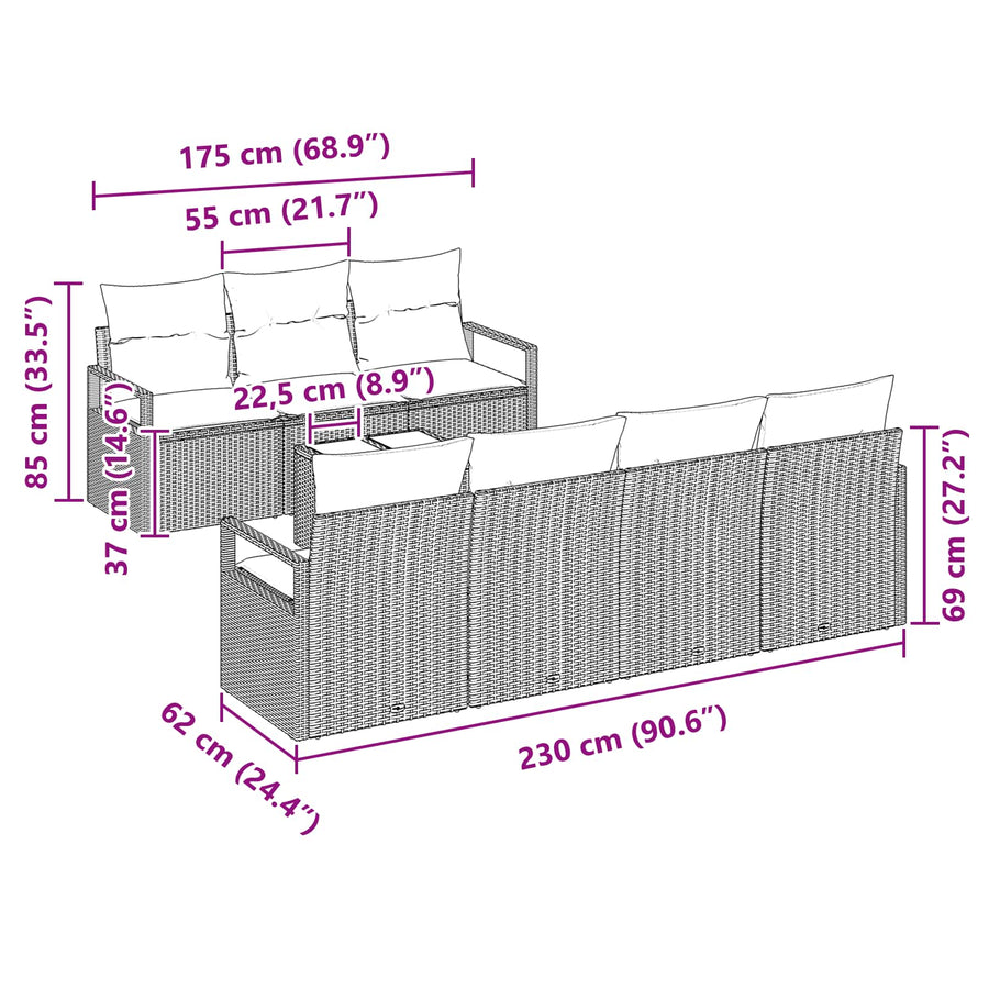 Bankstel met kussen 8 pcs Zwart en Turquoise poly rattan