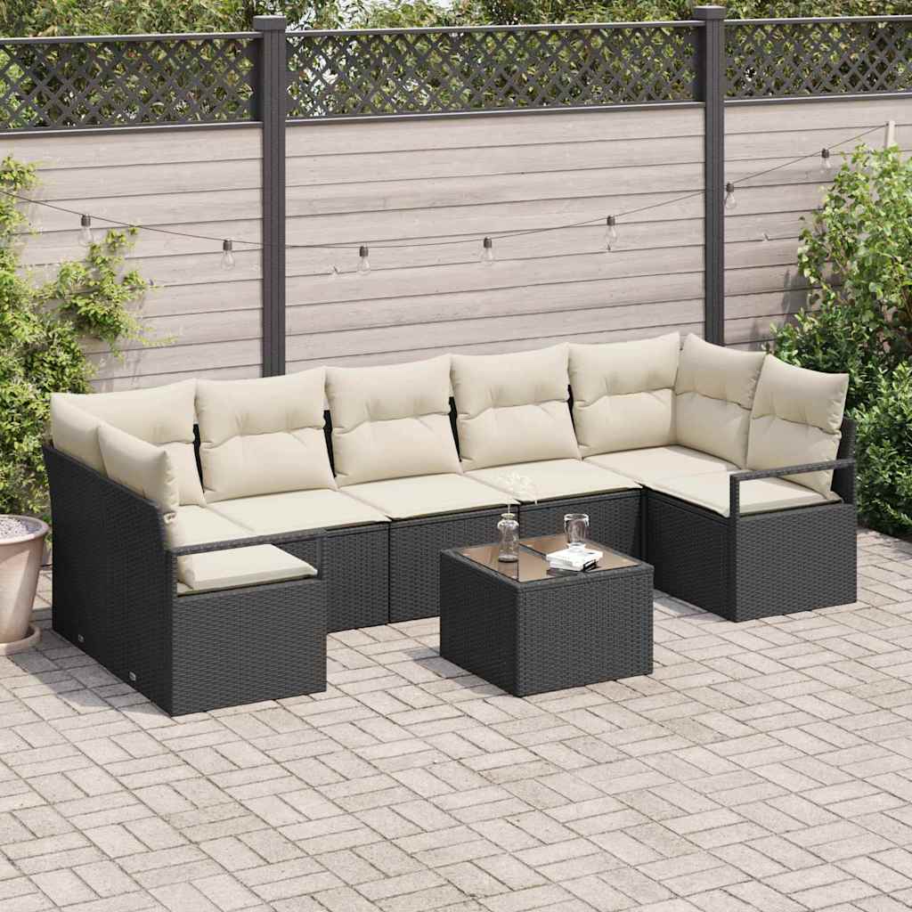 Bankstel 8 pcs Zwart en Crème poly rattan