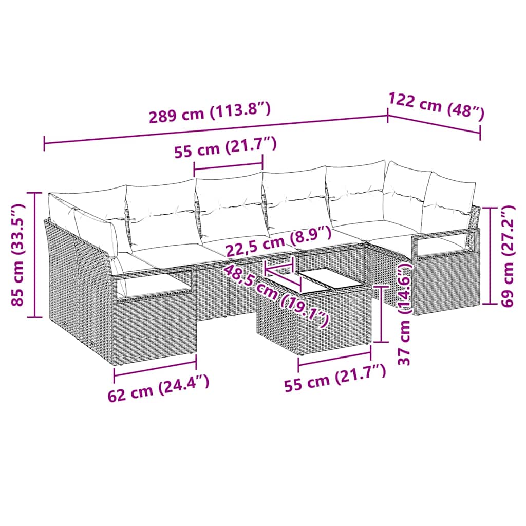 Bankstel 8 pcs Zwart en Crème poly rattan