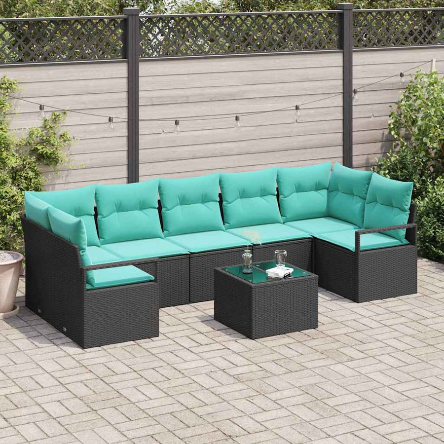 Bankstel 8 pcs Zwart en Turquoise poly rattan