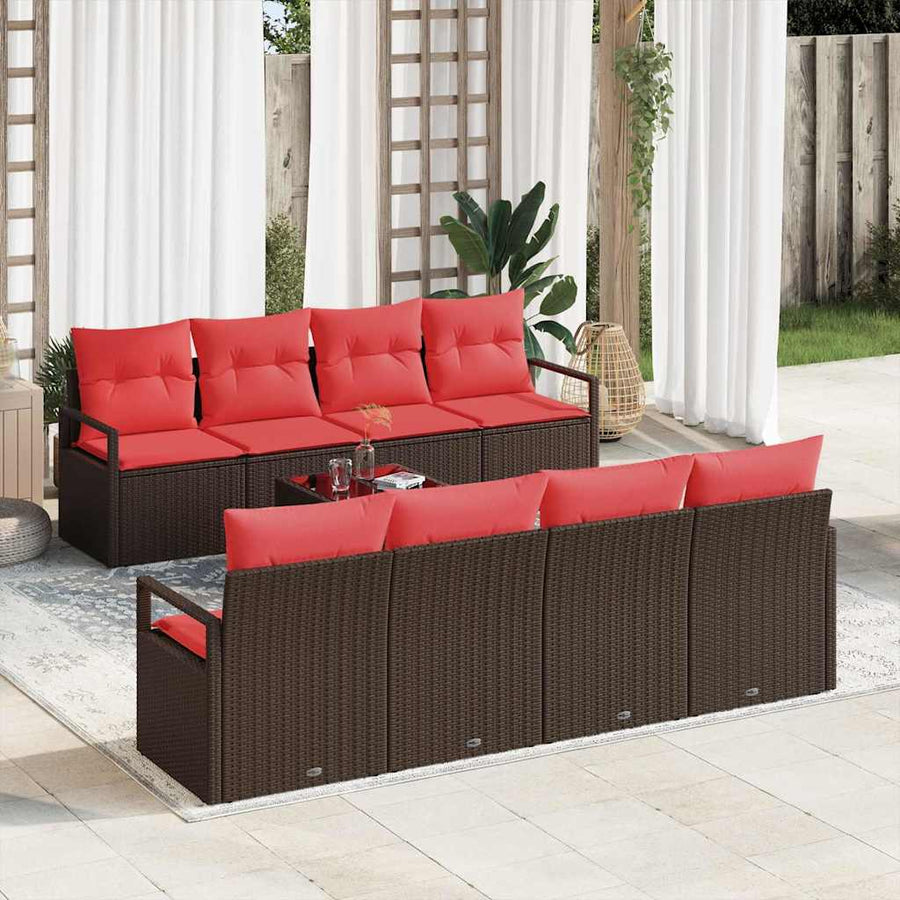 Bankstel met kussen 7 pcs Bruin en Rood poly rattan