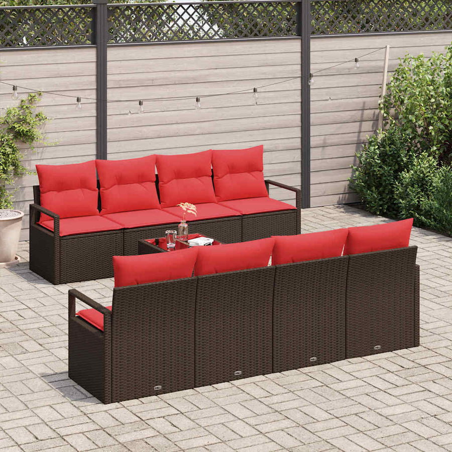 Bankstel met kussen 7 pcs Bruin en Rood poly rattan