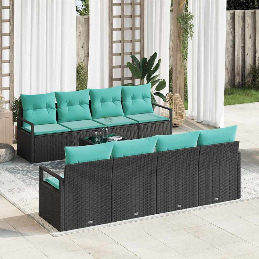 Bankstel met kussen 7 pcs Zwart en Lichtblauw poly rattan
