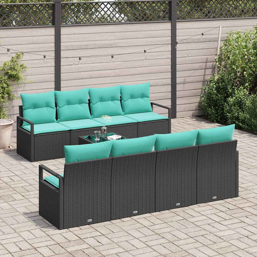 Bankstel met kussen 7 pcs Zwart en Lichtblauw poly rattan