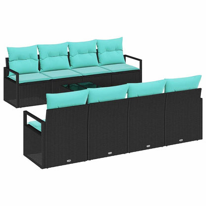 Bankstel met kussen 7 pcs Zwart en Lichtblauw poly rattan
