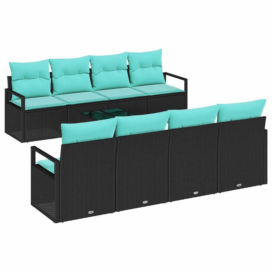 Bankstel met kussen 7 pcs Zwart en Lichtblauw poly rattan