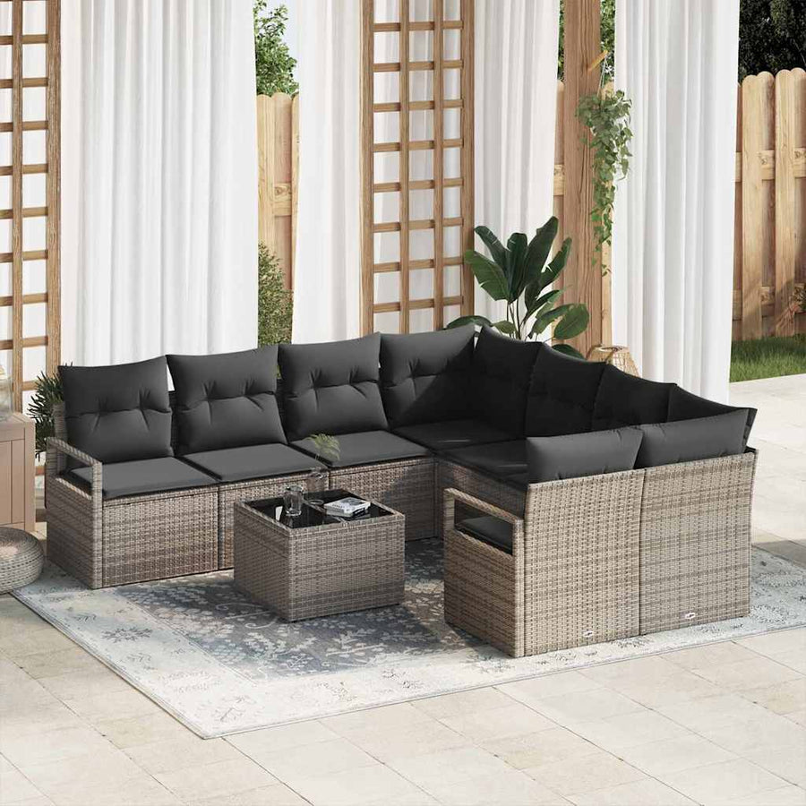 Bankstel met kussen 9 pcs Grijs poly rattan