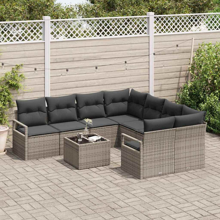 Bankstel met kussen 9 pcs Grijs poly rattan