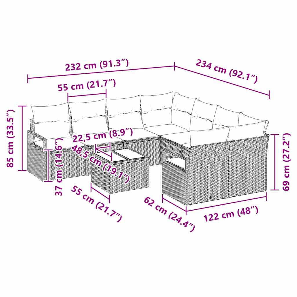 Bankstel met kussen 9 pcs Grijs poly rattan