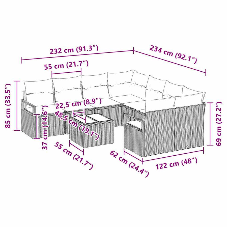 Bankstel met kussen 9 pcs Grijs poly rattan