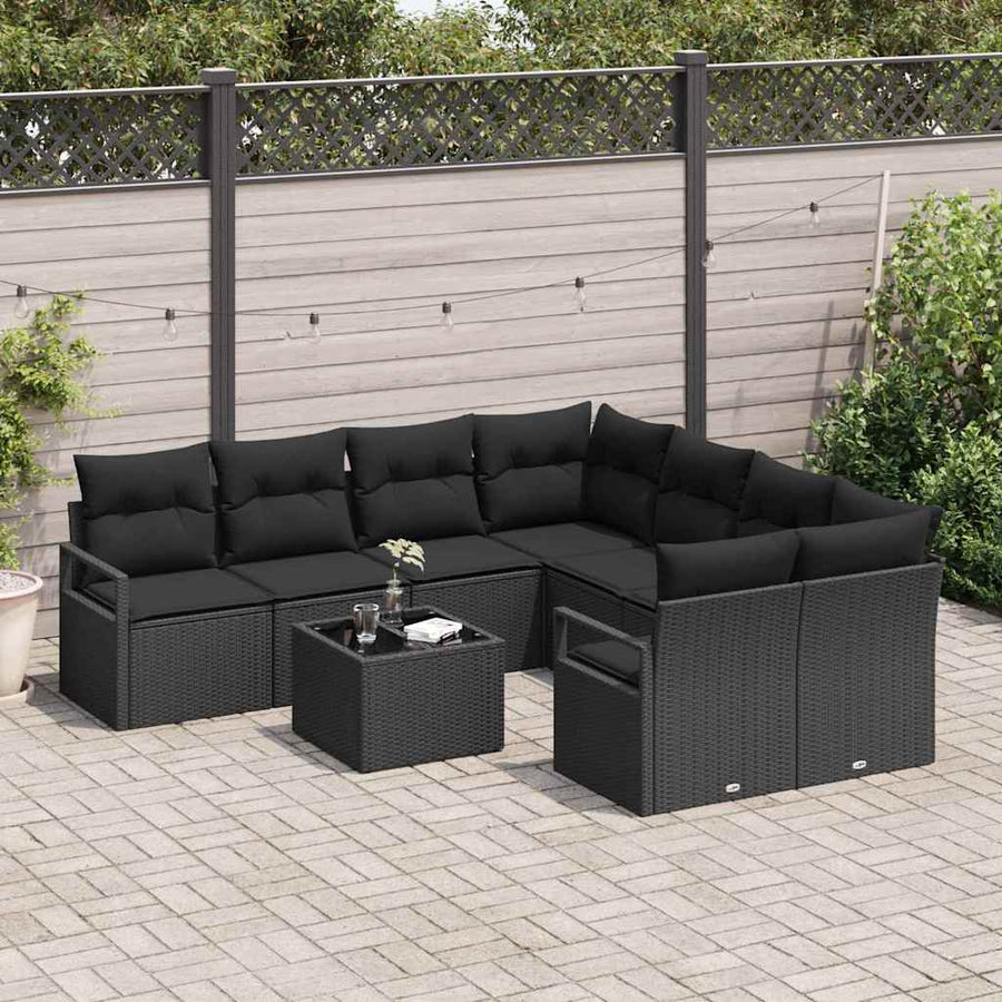 Bankstel met kussen 9 pcs Zwart poly rattan