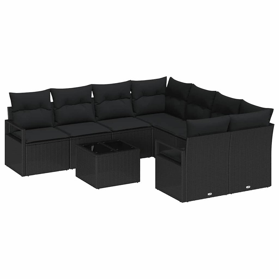 Bankstel met kussen 9 pcs Zwart poly rattan