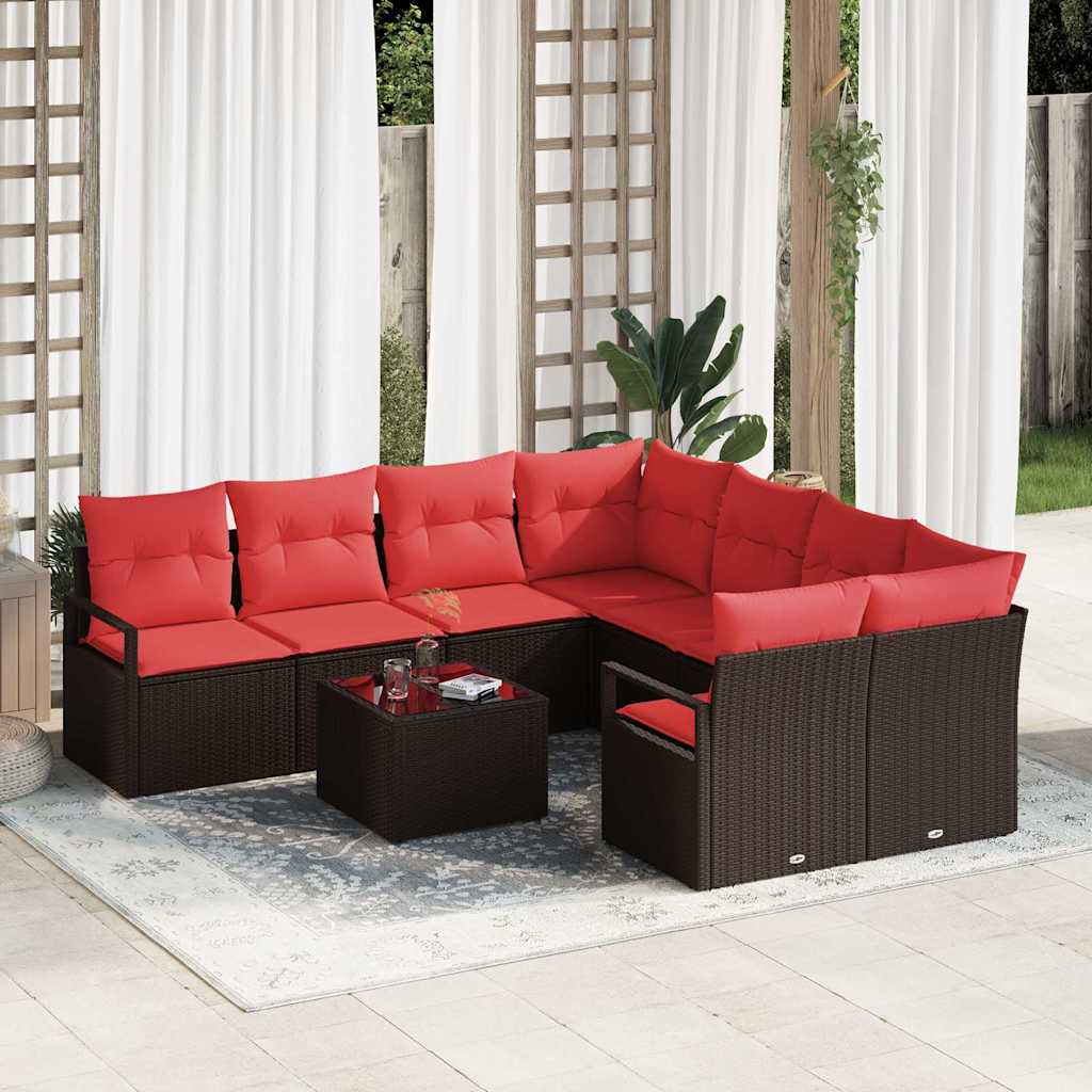 Bankstel met kussen 9 pcs Bruin en Rood poly rattan