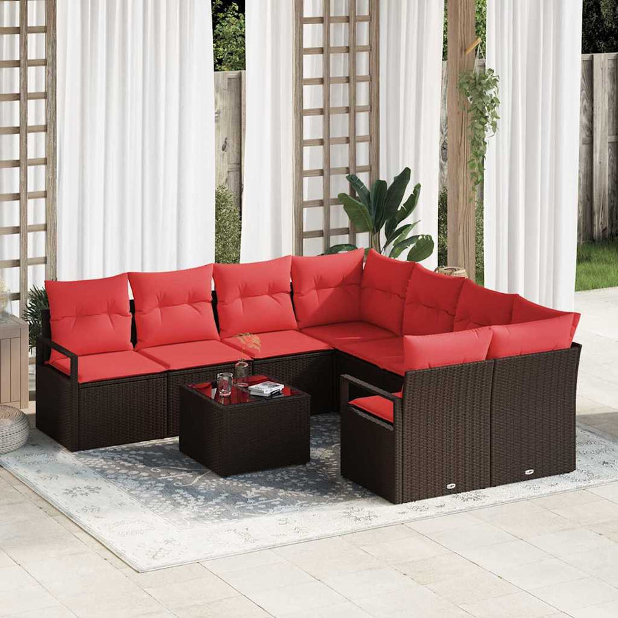 Bankstel met kussen 9 pcs Bruin en Rood poly rattan