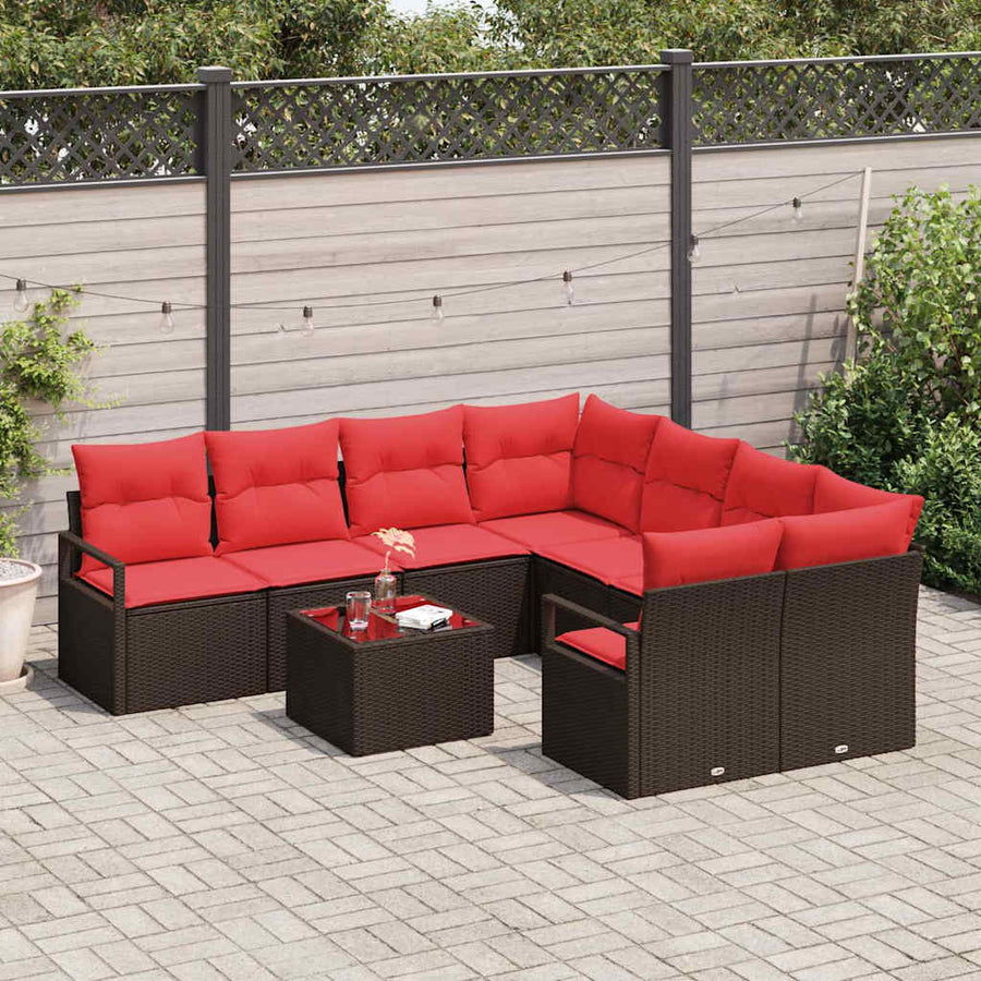 Bankstel met kussen 9 pcs Bruin en Rood poly rattan