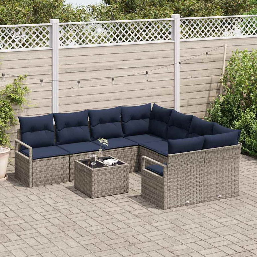 Bankstel met kussen 9 pcs Grijs en Marineblauw poly rattan