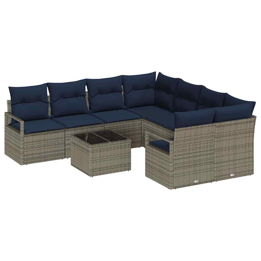 Bankstel met kussen 9 pcs Grijs en Marineblauw poly rattan