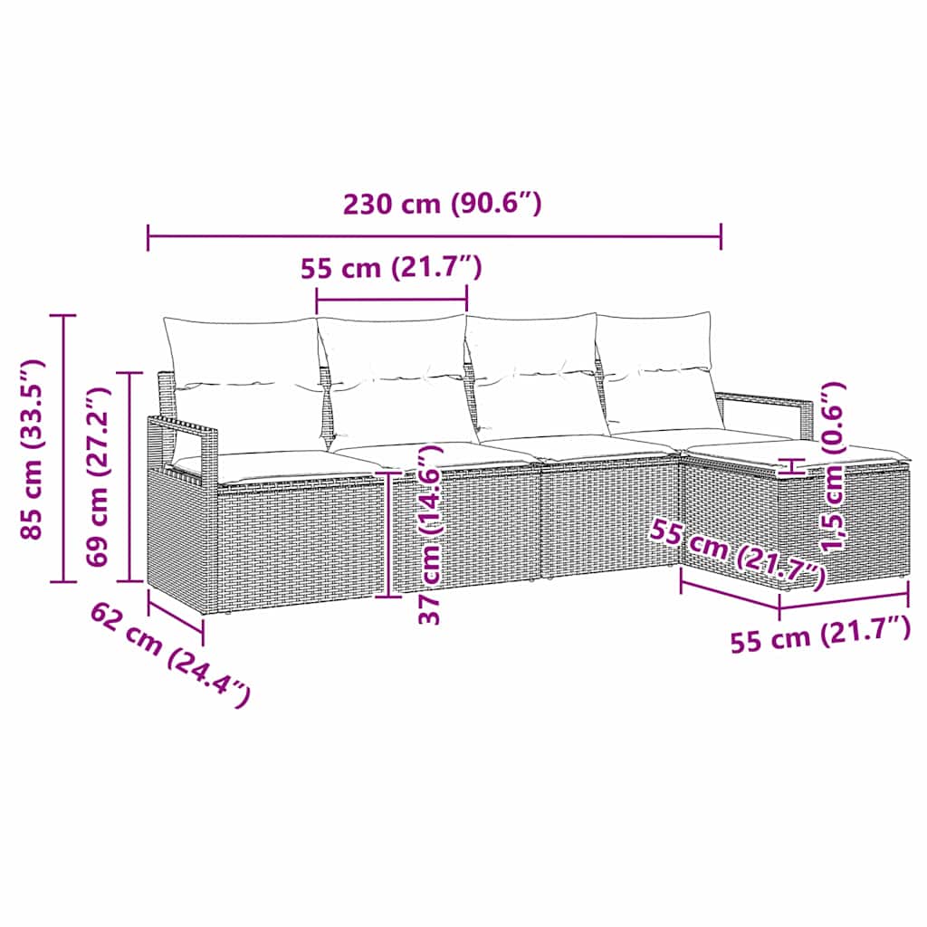 Bankstel met kussen 5 pcs Zwart poly rattan