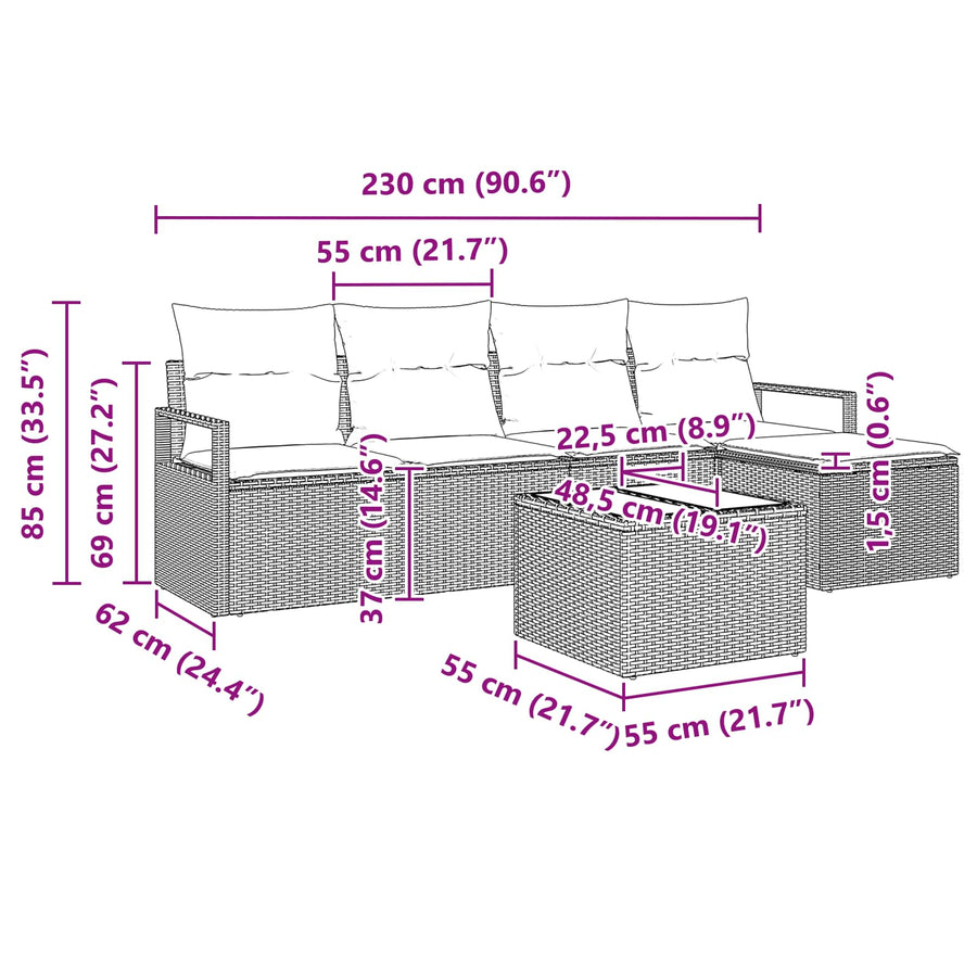 Bankstel met kussen 6 pcs Bruin poly rattan