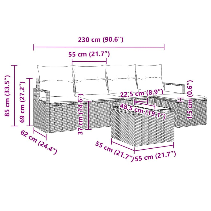 Bankstel met kussen 6 pcs Grijs poly rattan