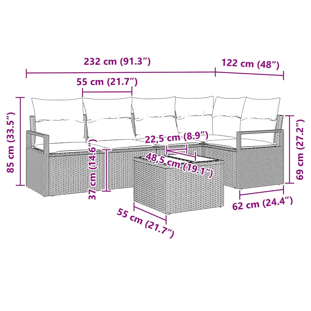 Bankstel met kussen 6 pcs Zwart poly rattan