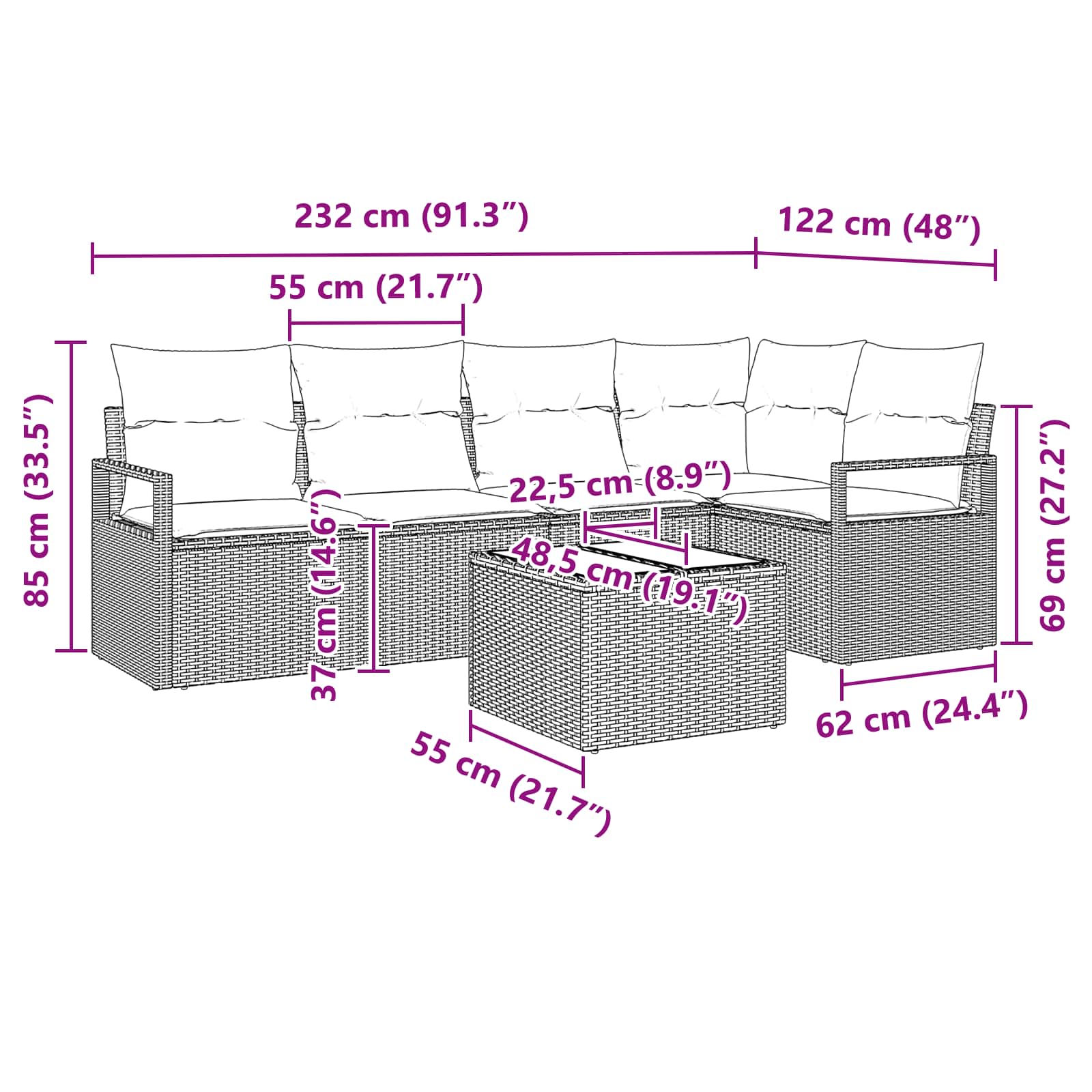 Bankstel 6 pcs Grijs poly rattan